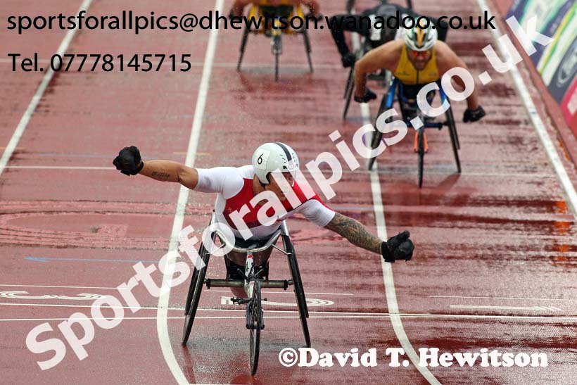 David Weir (England) winning the mens Para-Sport 1500 metres T54 at the Commonwealth Games, Glasgow. Photo: David T. Hewitson/Sports for All Pics